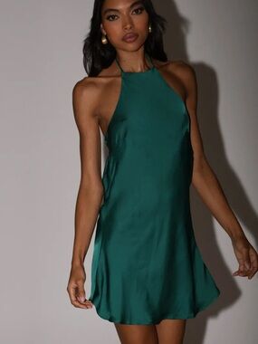 Meshki Atlas Satin Bow Mini Dress Emerald XS NWT